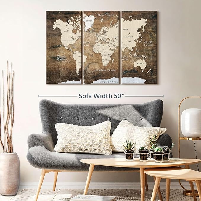 ElephantStock Aged Brown World Map I Wall Art - 3 Piece Canvas World Map Wall Decor - Ready-to-Hang Canvas Print - Vintage Wall Art - 45" X 28"
