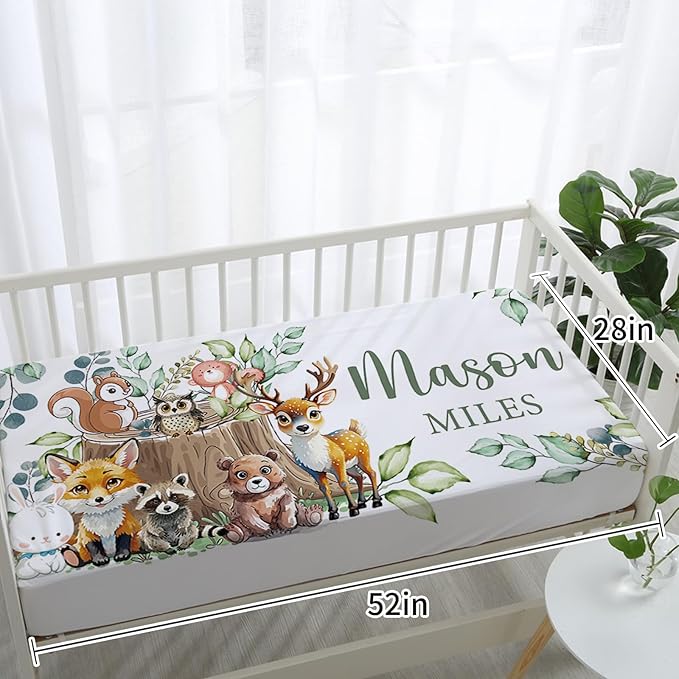 Custom Baby Crib Bedding Set - Animal Stump Design Personalized Name Baby Nursery Bedding 3 Pcs Set - Chic Soft Blanket, Fitted Sheet, Room Rug for Newborns Boys Girls Gifts