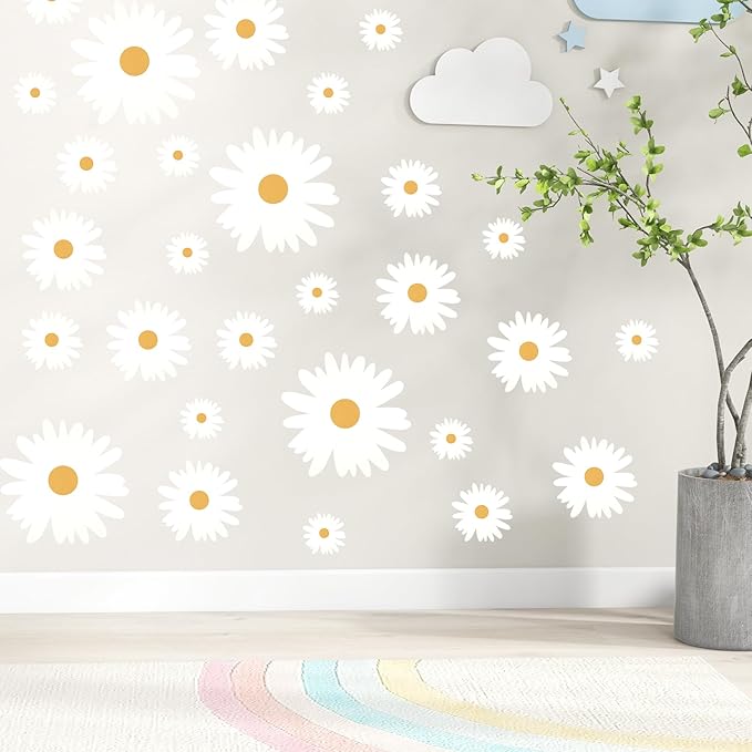 12 Sheets Daisy Wall Decals, White and Yellow Daisy Flowers Wall Stickers, Large Vinyl Peel and Stick Floral Wall Decor for Living Room Bedroom Decoration Baby Girls Room Nursery Room