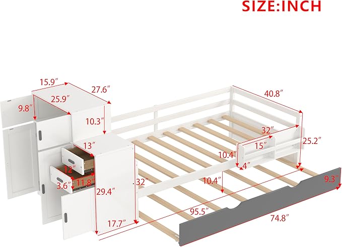 Merax Twin Corner Bed with Trundle and Drawers, Wooden Daybed Frame with Movable Wardrobe, Two Bookshelves, and Safety Guardrail, Twin Size Bed Frame for Kids, Boys Girls, Easy Assembly,White