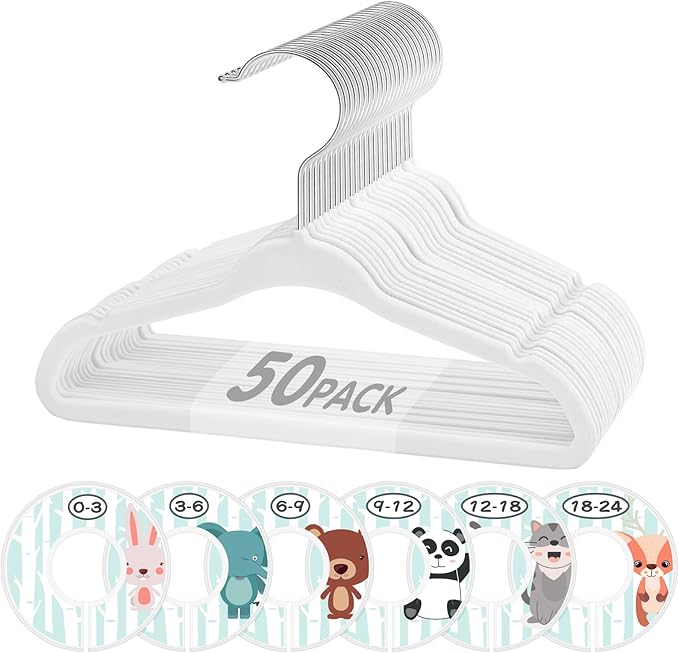 VIS'V Baby Hangers, 11 Inch Velvet Kids Hangers with 6 Pcs Clothes Size Dividers, Infant Toddler Nursery Closet Organization, Non Slip, White, 50 Pcs
