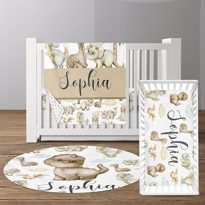Custom Baby Crib Bedding Set - Cute Dinosaur Design Personalized Name Baby Nursery Bedding 3 Pcs Set - Chic Soft Blanket, Fitted Sheet, Room Rug for Newborns Boys Girls Gifts