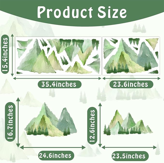 Watercolor Mountain Wall Decal Large Mountains Tree Wall Stickers Peel and Stick Green Pine Tree Decals Nature Art Big Mountain Stickers Forest Decal for Bedroom Living Room Decor