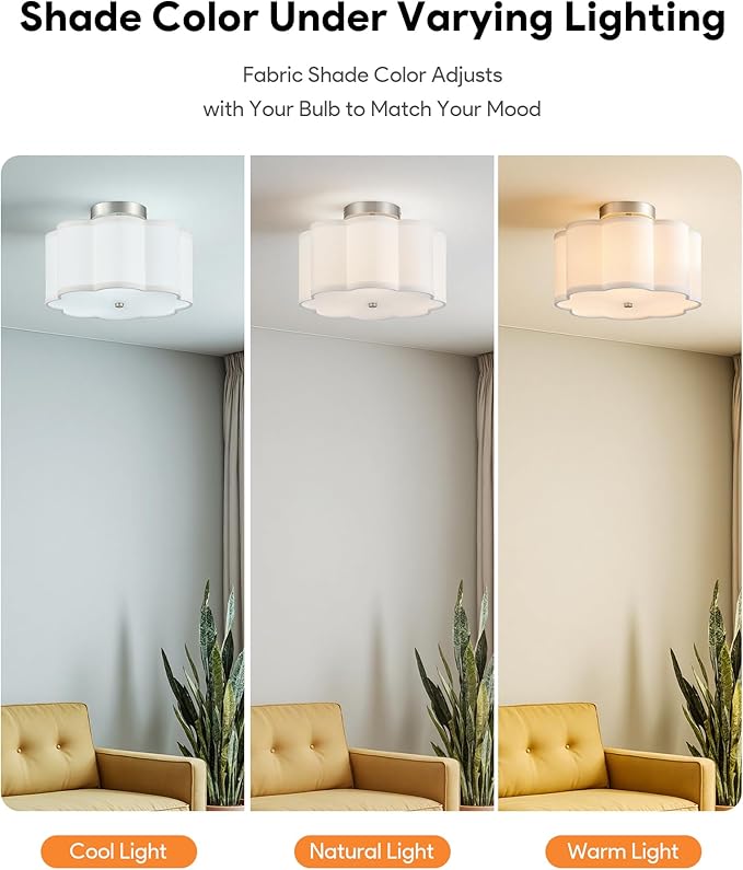 VONLUCE Semi-Flush Mount Ceiling Light, 12.6" Modern 3-Light Ceiling Light Fixture with White Petal-Shaped Shade 3 E26 Sockets for Bedroom Entryway Living Room, Nickel Finish, ETL Certificated