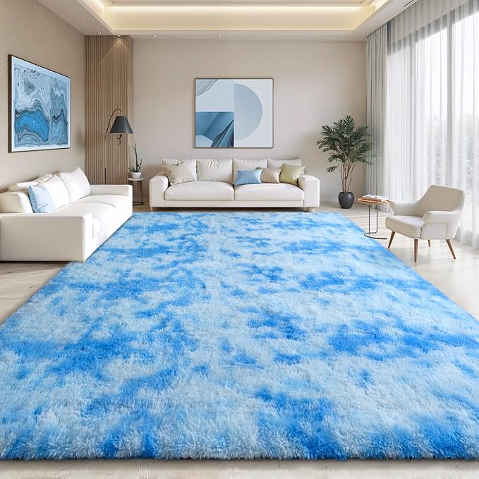 EVOIONOS Area Rug for Living Room Bedroom, Washable 6x9 Fluffy Shag Large Rug, Soft Plush Non Slip Carpet for Indoor Floor Bedside Nursery Kids Girls Room Dorm, Home Decor Aesthetic, Tie-Dyed Blue