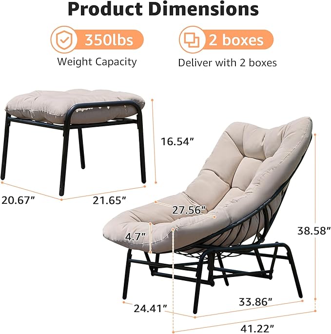 NATURAL EXPRESSIONS Lounge Chair Outdoor with Ottoman, 2-Piece Gentle Rocking Chaise Lounge Set, 4.7" Olefin Cushion & Sturdy Frame, Glider Rocking Chair for Indoor Outdoor Use