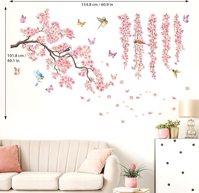 DECOWALL SG3-2320 Cherry Blossom Flower Wall Stickers Decals Branches Birds Butterflies Art Bedroom Floral Flower Girls Home Kids Living Nursery Pink Room Tree Nursery décor Baby