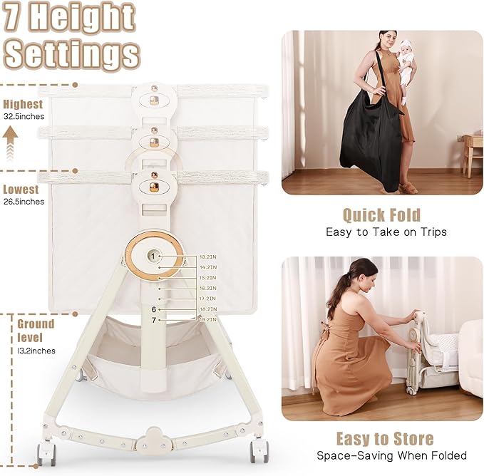 Baby Bassinets Bedside Sleeper 5 in 1,Bedside Bassinet for Baby with Mattress,Diaper Table, Storage Layer,Mosquito Net,7-level adjustable height , one-touch folding for travel with infants(Beige)