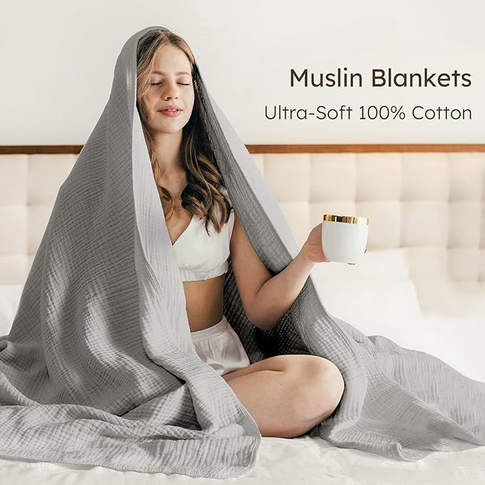100% Cotton Muslin Blanket Queen Size 90" x 90" for Bed Couch Summer Gauze Blanket for Adults Lightweight and Breathable Grey