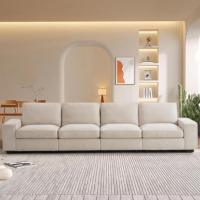 TEKAMON 128" Modular Sofa Couch with Large Seats Storage, Chenille Sofa， Modern Comfy 4-Seater Couch for Living Room, Office, Apart W/Deep Seat, Wide Armrest, Side Pockets, USB Port, Removable Cover
