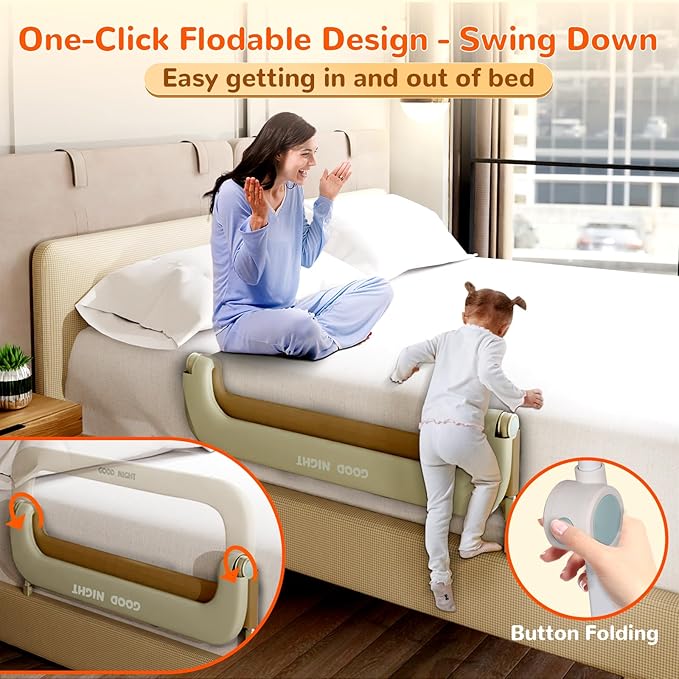 Bed Guard Rail for Toddlers - 32" Adjustable Heights & Folding up Portable Bed Railing for Baby - Toddler Bed Rails Guard for Crib, Twin, Bunk,Full Size, Queen & King Bed