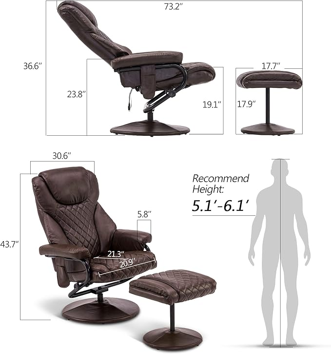 MCombo Recliner with Ottoman, Reclining Chair with Massage, 360 Swivel Living Room Chair Faux Leather, 4901 (Dark Brown)