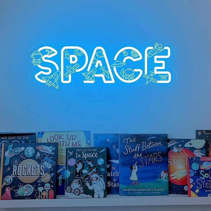 Custom SPACE Neon Sign, Space Theme LED Wall Light, Rocket Astronaut Planet Neon Decor, Cosmic Theme Light Art for Kids’ Bedroom, Nursery Decor, Children’s Play & Sleep Spaces 15.7″ × 5.9″