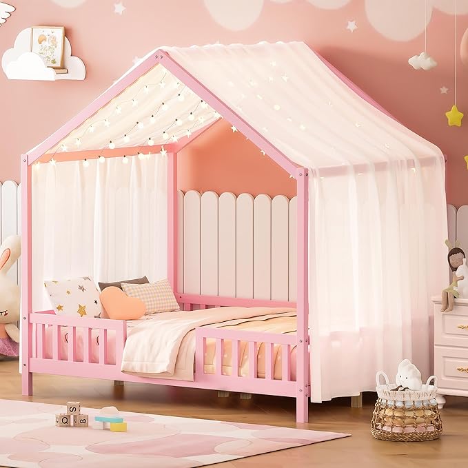 Bellemave Full House BedFrame with Canopy, Montessori Floor Bed, House Bed with Rails for Kids, Pink