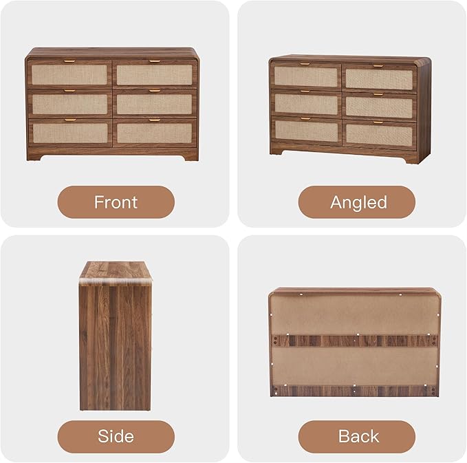 6 Drawer Dresser for Bedroom, 48" Wide Curved Wooden Dresser with Natural Linen & Metal Handle, Mid Century Modern Chest of Drawers Closet Clothes Storage Organizer for Living Room, Walnut