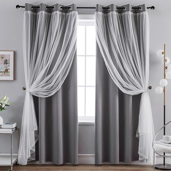 Anytime Home Curtains Blackout and Sheer Layered Solid Window Curtain Panel Pair with Grommet Top, 52Wx108L,Grey