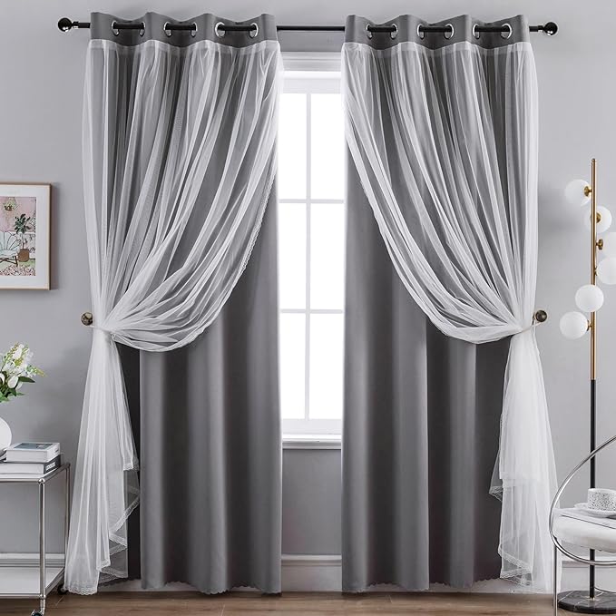 Anytime Home Curtains Blackout and Sheer Layered Solid Window Curtain Panel Pair with Grommet Top, 52Wx95L,Grey