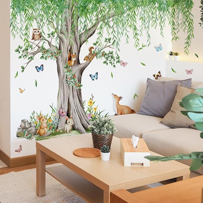 Large Pendulous Tree Woodland Forest Wall Decals, Hanging Green Tree with Animals Birds Wall Stickers for Nursery Kids Room Wall Decor, 74.8x42.5 inch