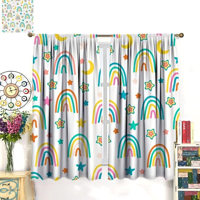 Kids Rainbow Curtains Cartoon Rainbow Abstract Bohemia Floral Lovely Stars Pattern Print Window Drapes for Girl Bedroom Living Room Kitchen Decor,2 Panel Set,84Wx84H Inch Blackout