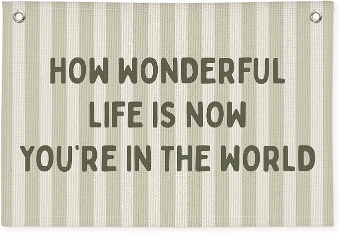 How Wonderful Life is Now Wall Art Decor, Sage Green Baby Room Nursery Linen Canvas Banner Wall Hanging Flag Decor for Toddler Girls Boys Room Playroom