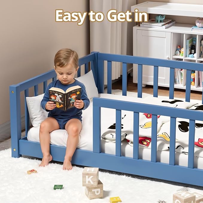 LLS Full Floor Bed for Kids Toddlers, Solid Wood Multifunctional Montessori Bed Frame with Safety Guardrails, Without Door, Easy Assemble, Mist Blue