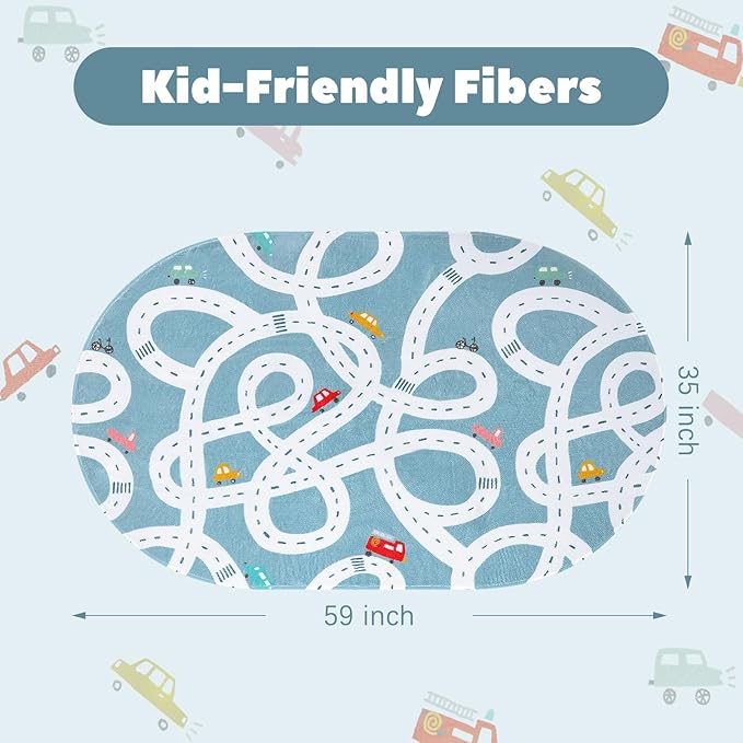 STARUIA Small Road Rug for Kids Room, 3'x5' Washable Kids Play Rug for Baby Nursery, Non-Slip Car Rugs for Playroom, Kid Play Mat Blue Traffic Carpet for Boys Girls Dorm Toy Room Tent