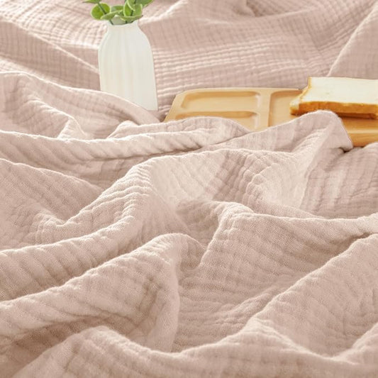 PHF 100% Cotton Muslin Blanket King Size 108"x90", 4-Layer Lightweight Gauze Throw, Breathable Cloud-Soft Minimalist Blanket for Bed, Couch, Camping & Baby, Dusty Pink, Ideal Gift