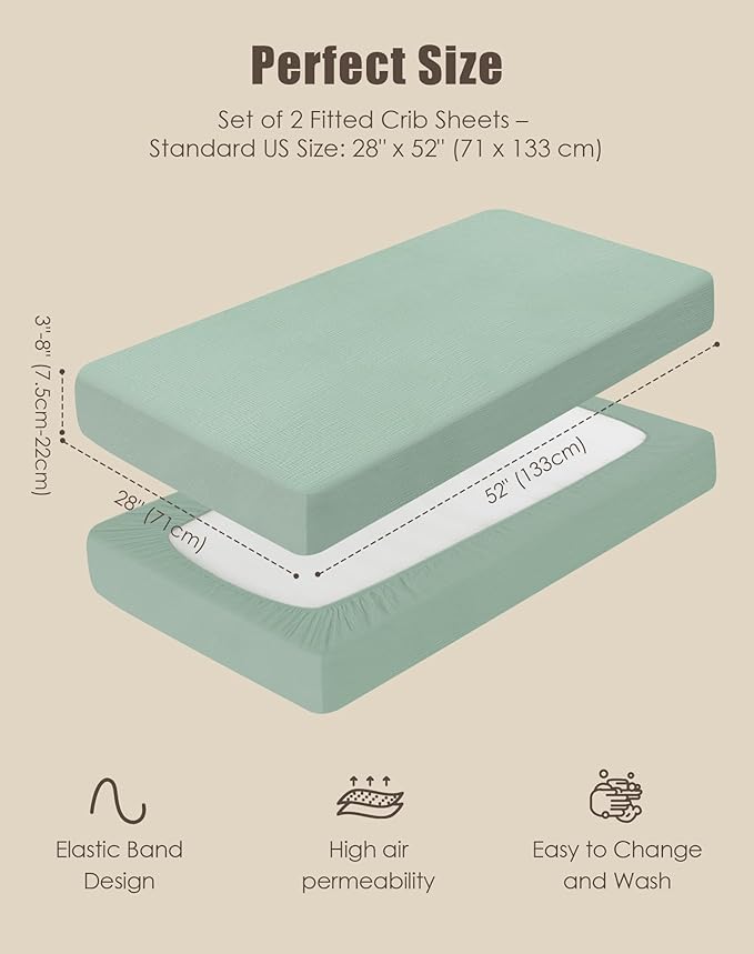 SWEET DOLPHIN 2-Pack Muslin Crib Sheets for Boys & Girls, Ultra Soft Breathable 40S Long-Staple Cotton Fitted Baby Sheets for Standard Crib Mattress 52"x28", Green and Grey- Nursery Essentials