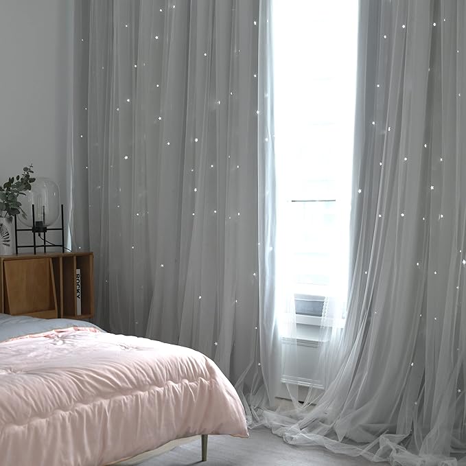 Kinryb Kids Star Cutout Curtains for Bedroom/Living Room/Classroom,2 Free Tiebacks Sheer Overlay 2 Panel Set, Double Layer Curtains for Kids Room(Each Piece W70xL72 Inches 2 Pcs Greyish White)