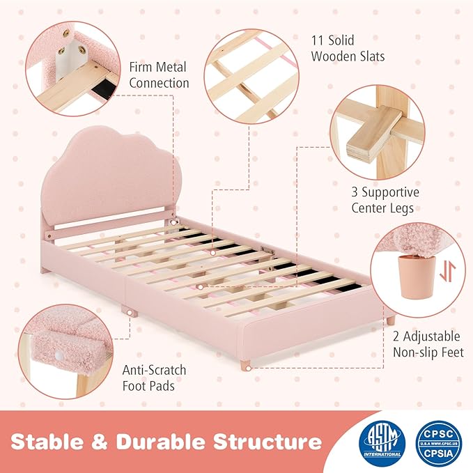 Costzon Twin Bed Frames for Kids, Upholstered Wooden Kids Bed w/Adjustable Headboard, Slats Support, 660 LBS Weight Cap, No Box Spring Needed, Easy Assembly, Twin Platform Bed Frame (Pink Cloud)