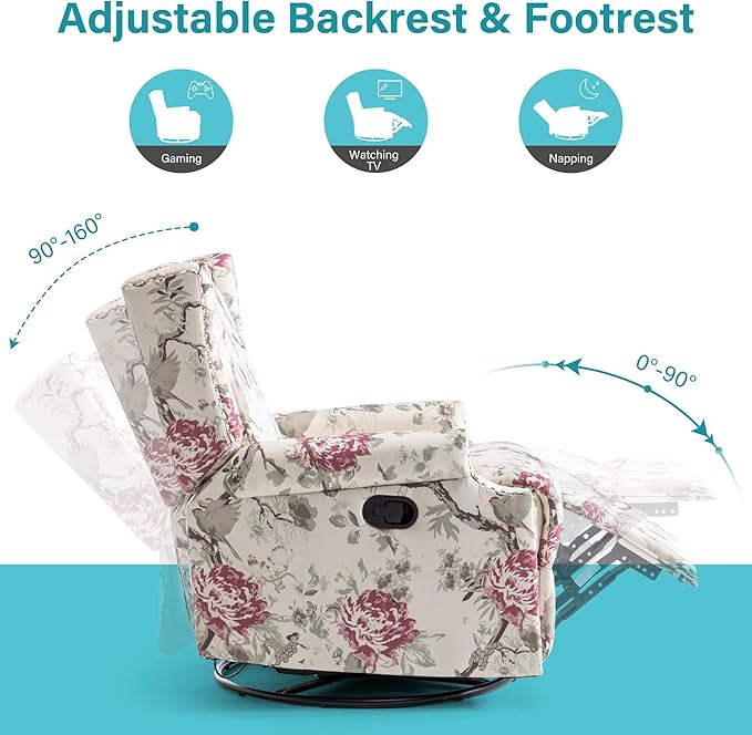 UIXE Floral Swivel Glider Recliner Chairs Set of 2, High Back Nursery Rocker Fabric Accent Chair for Living Room, Rivet Trim Upholstered Armchair Manual Reclining Sofa Seating - Beige Floral