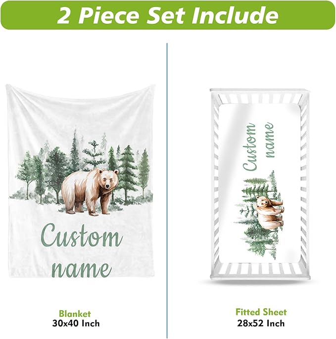 Personalized Crib Bedding Set for Boys Girls, Custom Baby Crib Sets with Name, Brown Bear Design Nursery Bedding 2 Piece - Soft Blanket with Double Layer Dotted Backing, Crib Fitted Sheet