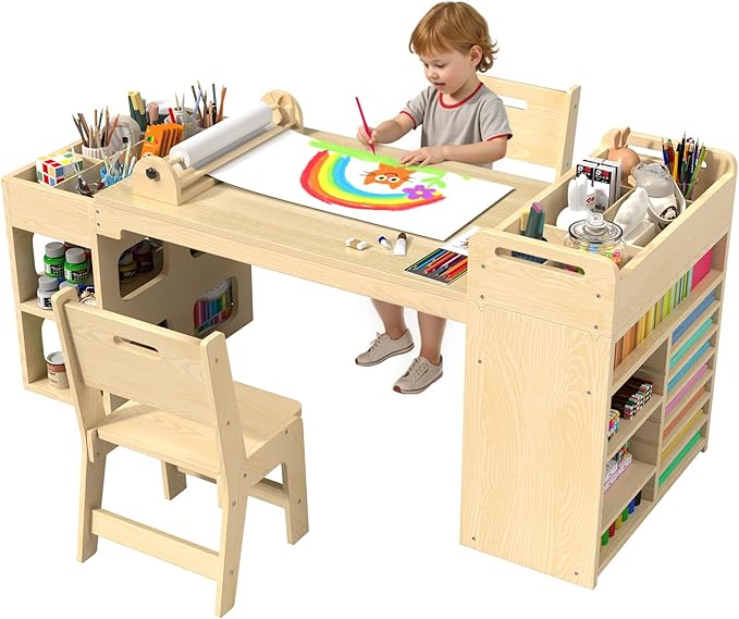 50"x22" Kids Art Table and Chair Set, Kids Craft Table with Paper Roll and 2 Chairs,Kid Activity Desk with Storage and Portable Supply Organizer for Writing, Drawing, Learning and Reading