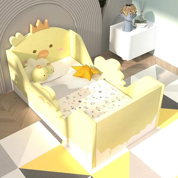 Toddler Beds, Child Bed for Kids with Extra Safty Broad, Standard Crib Size Animal Toddler Bed, Certified Fabric Toddler Beds,Toddler Floor Beds (Chick)