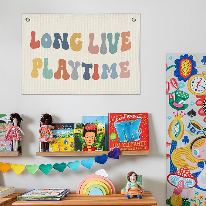 Playroom Decor, Long Live Playtime Banner, Boho Rainbow Linen Banner Wall Hanging Banner Flag Decor for Toddler Boy Kids Room Nursery Playroom