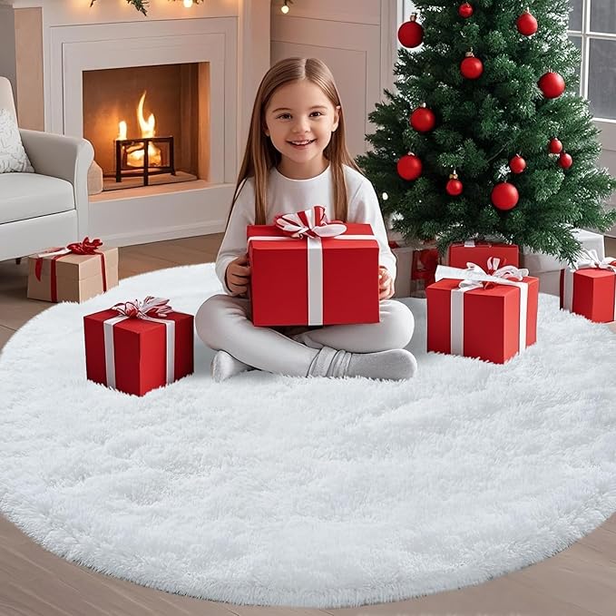 Round Rugs for Bedroom White : 3ft Fluffy Circle Area Rug for Kids Room- Furry Fuzzy Carpet for Girls Room- Soft Plush Rug for Dorm, Baby Rug