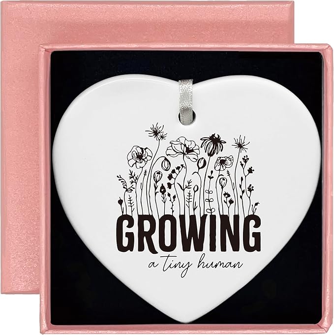 Heart Shaped Christmas Ornament-Baby Announcement Gift-Pregnancy Reveal Keepsake for Expecting Mom-New Mom Present for Baby Coming Soon-Ceramic Ornament Home Decor Growing a Tiny Human