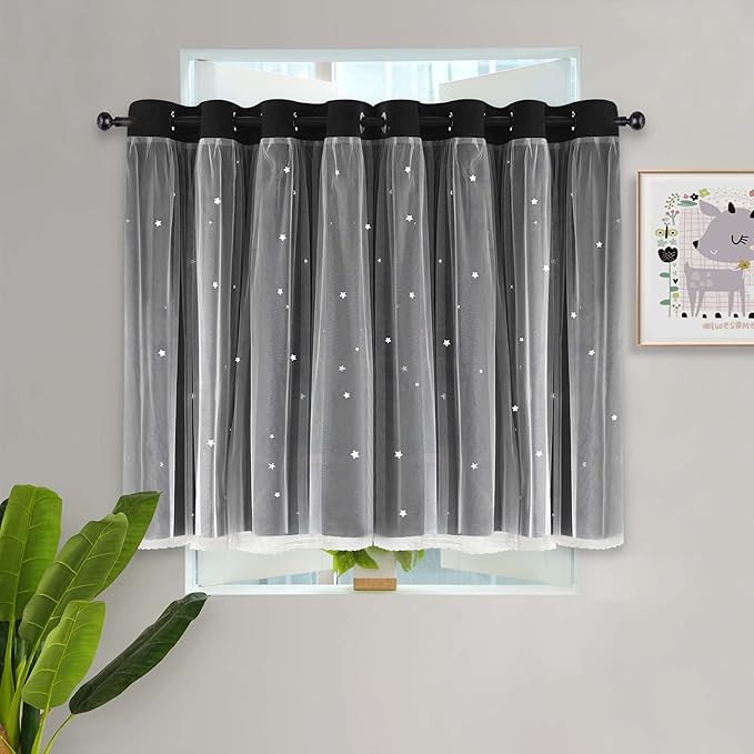 Kinryb Kids Blackout Curtains for Bedroom/Living Room/Classroom, Sheer Overlay Small 2 Panel Set, Double Layer Curtains with Star Cutout for Kids Room(W 52 x L 36 Inches,Black 2 Pcs)