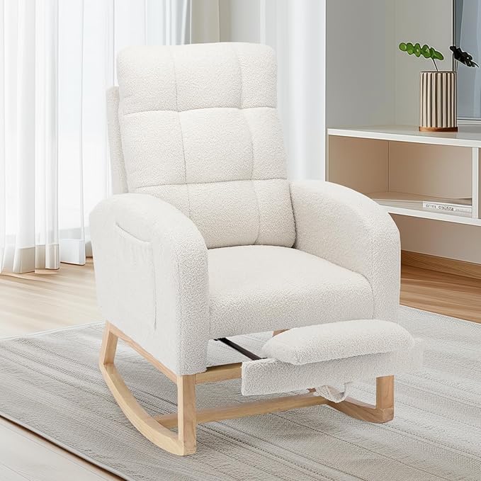 Nursery Rocking Chair, Polyester Upholstered Glider Chair with Footrest, Comfy Rocker Chair, Accent Chair with High Backrest, Glider Rocker, Armchair for Living Room (White Teddy)