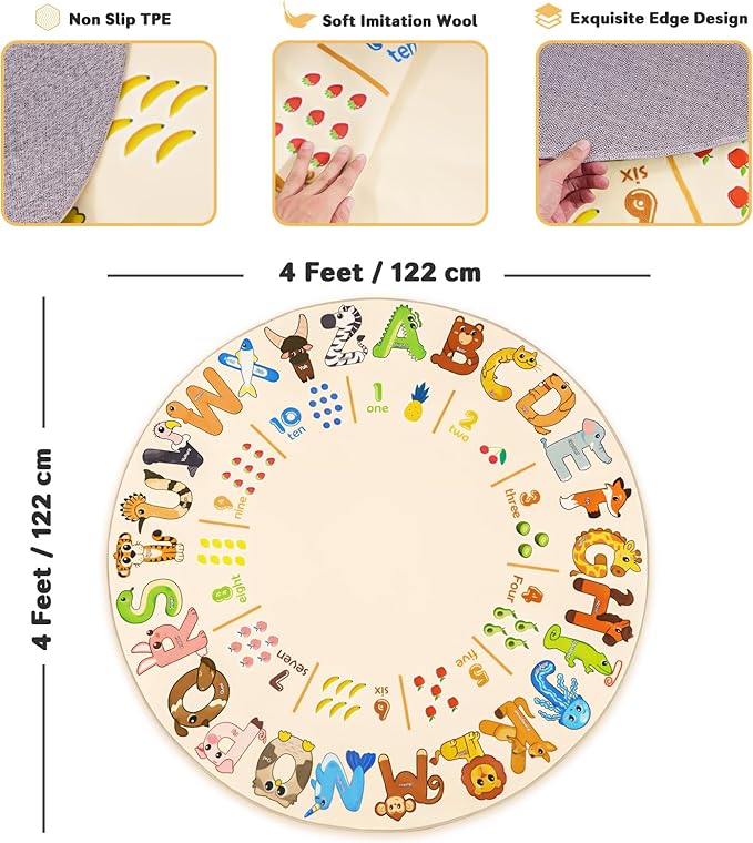 Kids Rugs for Playroom, 4'x4' Round Educational Rug for Learn The ABC Alphabet, Soft Machine Washable Non-Slip Cute Animal Carpet for Classroom Toddler Nursery Kids Room Decor Mat, Beige
