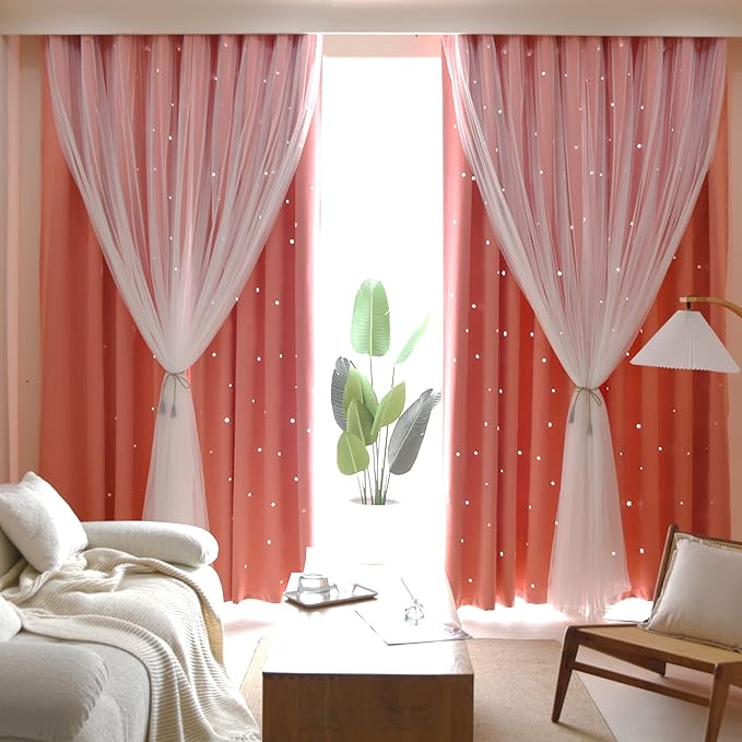 Kinryb Princess Curtains for Girls Bedroom with Sheer Overlay,Double Layer Curtain for Living Room with Star Cutout, Curtains for Kids Room (70 W*84 L Inches,2 Pcs Coral)