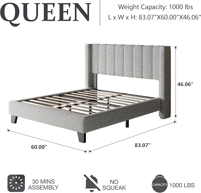 Queen Bed Frame with Headboard Upholstered Platform Bed Frame with Teddy Velvet Headboard, Wooden Slats Support/Wing Edge Design/No Box Spring Needed/Easy Assembly, Grey Queen