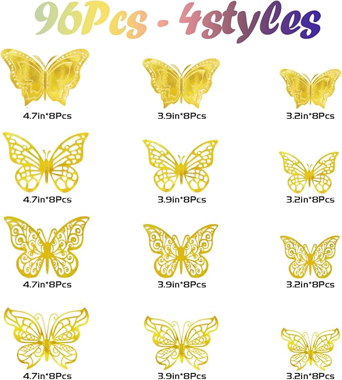 96 Pcs Butterfly Decorations 3 Sizes 4 Styles 3D Butterfly Wall Decor Party Decorations Butterflies for Crafts Birthday & Wedding Celebrations Cake Decorating Balloons Removable Stickers Gold