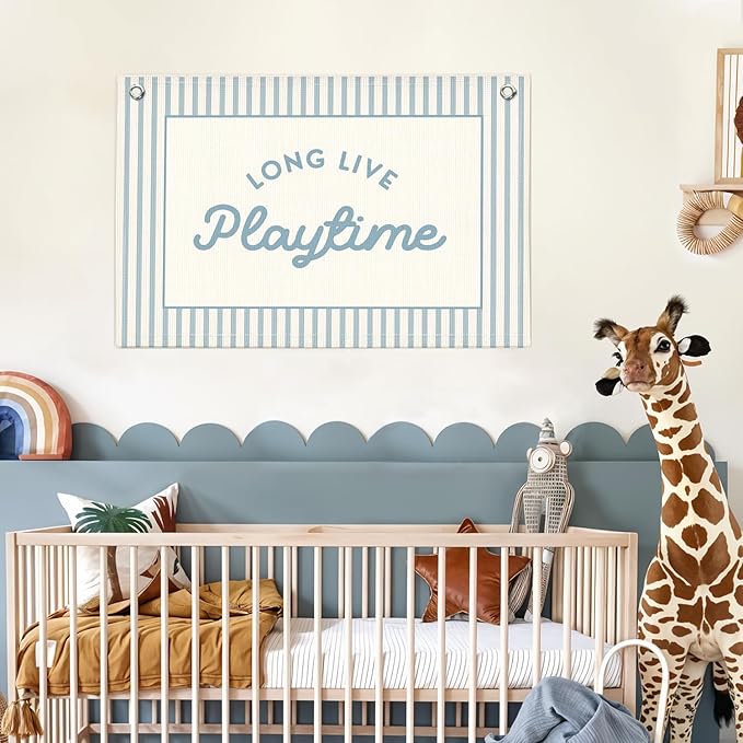 Lacama Blue Long Live Playtime Boys Room Playroom Decor, Boy Nursery Play Room Wall Decor, Linen Banner Wall Hanging Canvas Flag Decors for Toddler Boy Rooms Nursery 30x20 Inch