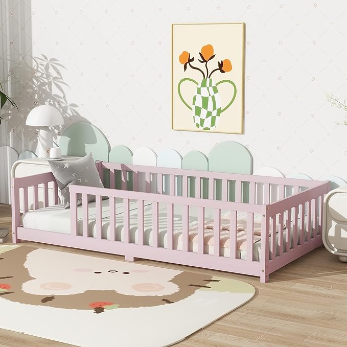 Ball & Cast Twin Size Montessori Floor Bed,Wooden Floor Bed Frame with Wood Slats,Montessori Toddler Bedframe W/Door and Safety Guardrails for Girls Boys,Bedroom,Playroom,No Box Spring Needed,Pink