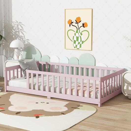 Ball & Cast Twin Size Montessori Floor Bed,Wooden Floor Bed Frame with Wood Slats,Montessori Toddler Bedframe W/Door and Safety Guardrails for Girls Boys,Bedroom,Playroom,No Box Spring Needed,Pink