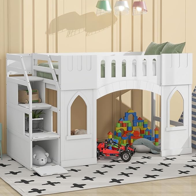 Playhouse Design Twin Size Loft Bed with Storage Staircase and Windows, Solid Wood Loft Bed Frame with Safety Guardrail for Kids Teens Boys Girls, Space-Saving (White-3)