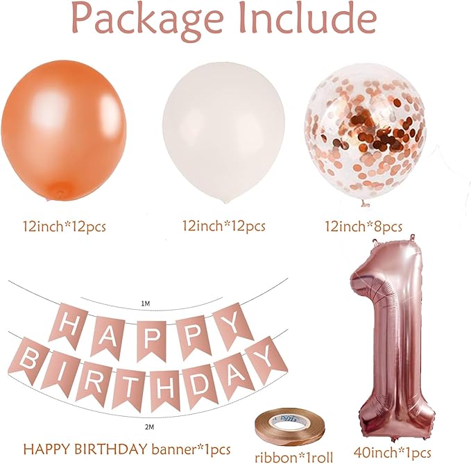 Rose Gold 40inch Number 1 Balloon, First Birthday Decorations For Girl With Rose Gold White Confetti Balloons, Happy Birthday Banner Large 1 Balloon For Baby Girl Princess Birthday Party Decor