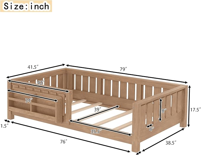 Bellemave Twin Size Floor Bed with high Rails and with Built-in Bookshelf for Kids, Girls, Boys, Wood Montessori Floor Bed Without Door, Natural