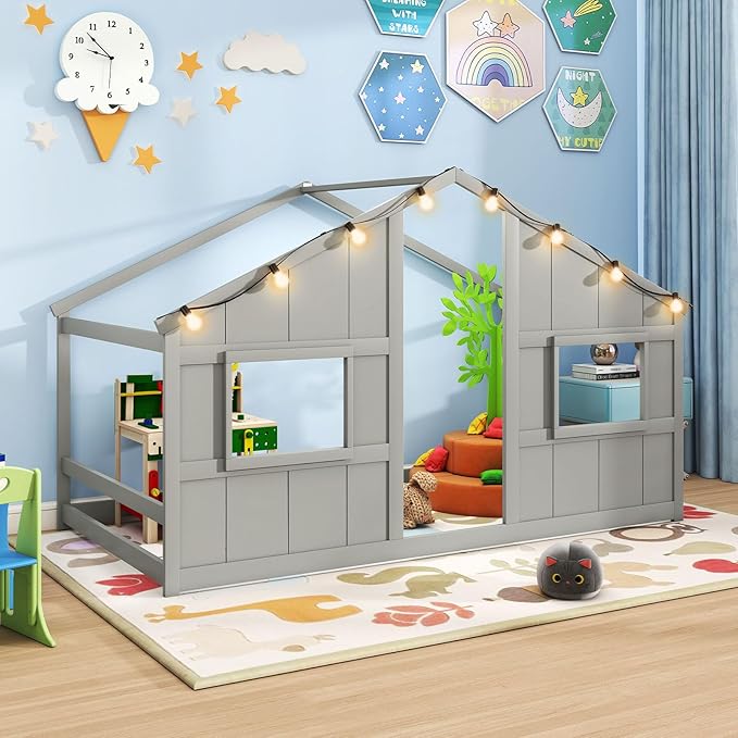Twin Montessori Floor Bed with Roof, LED Light, Wood House Bed Frame with Headboard and 2 Windows, Low to Ground Cute Playhouse Bed for Kids, Girls, Boys, Without Slats (Grey)